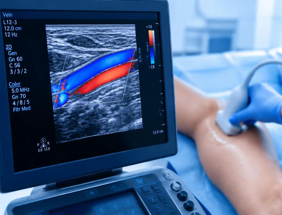 Pantalla de ecografía Doppler mostrando flujo vascular en la pierna