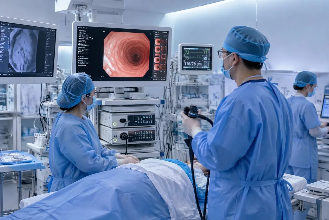 Sala de endoscopia moderna con monitores de alta definición y personal médico