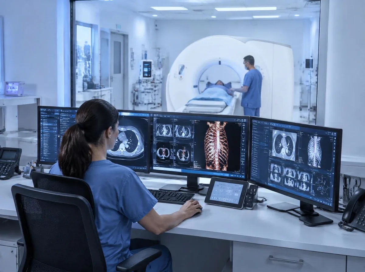 Sala de diagnóstico avanzado con estación de monitores médicos