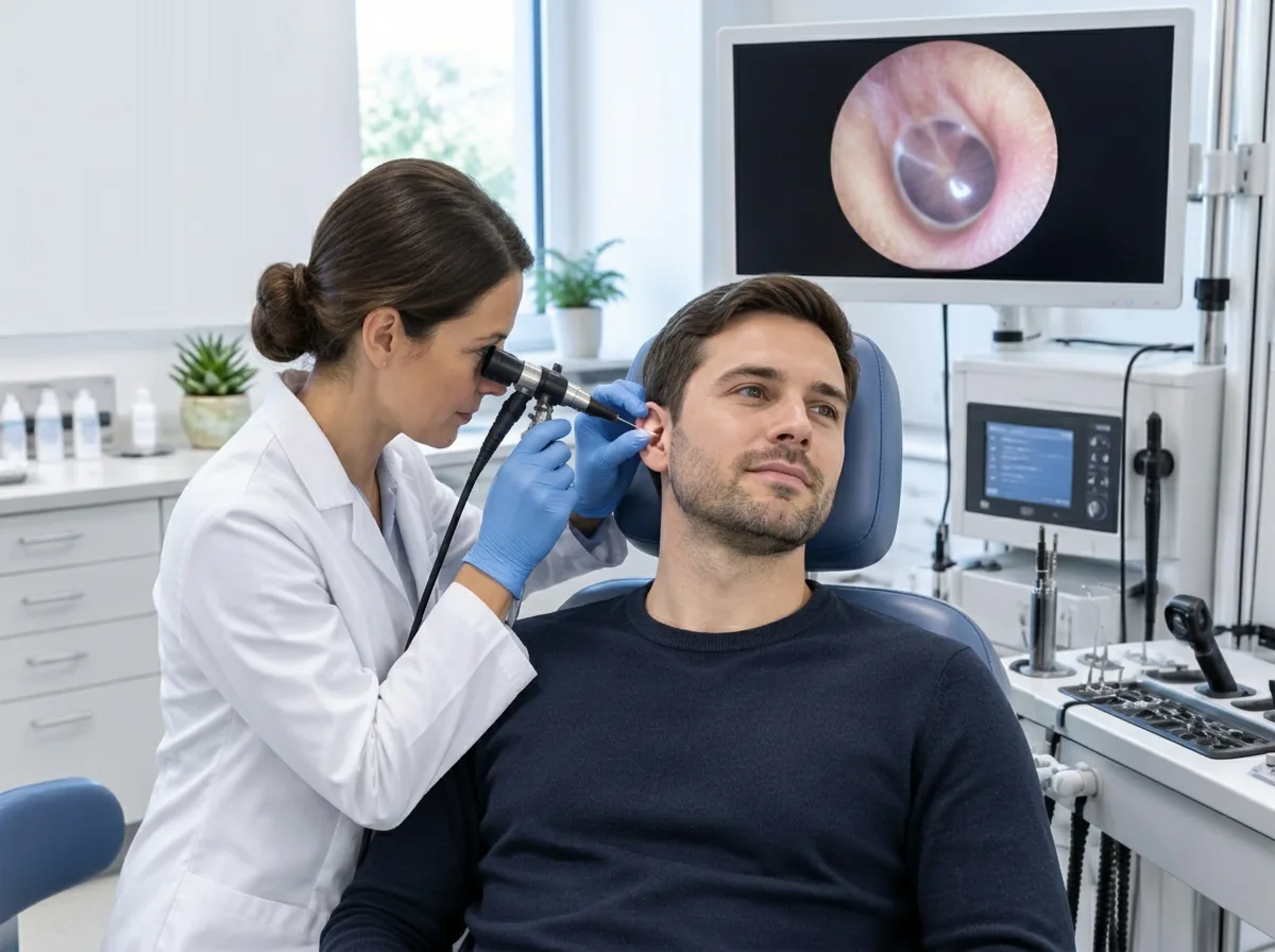 Especialista examinando el oído de un paciente con equipo de visualización